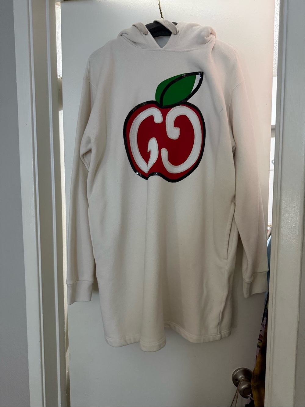 Gucci Cream Hoodie with Red Apple and Green Leaf Graphic